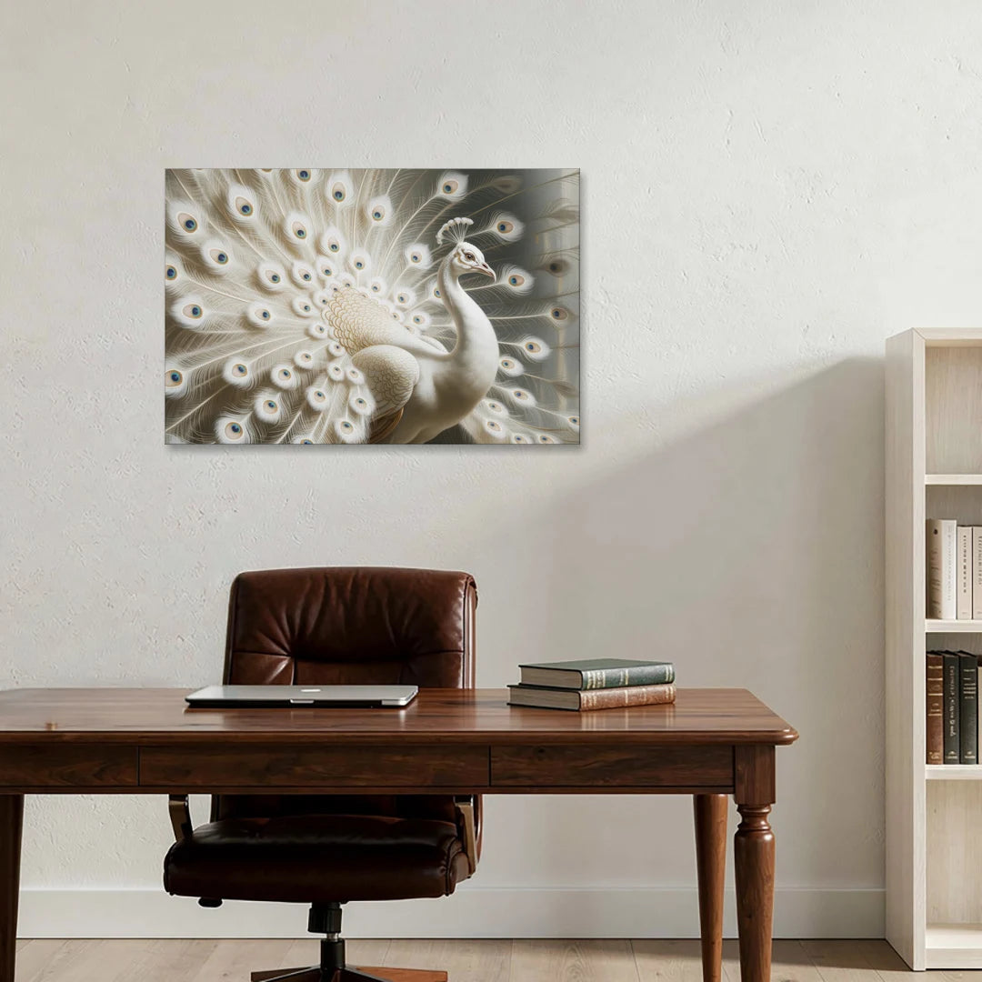 Majestic Peacock in White and Gold - Canvas Wall Art - Office - 36x24