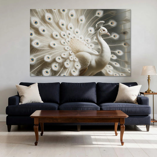 Majestic Peacock in White and Gold - Canvas Wall Art - Sofa - 60x40