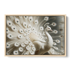 Majestic Peacock in White and Gold - Oak Framed Canvas Wall Art - Front