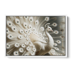 Majestic Peacock in White and Gold - White Framed Canvas Wall Art - Front