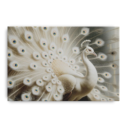 Majestic Peacock in White and Gold - Canvas Wall Art