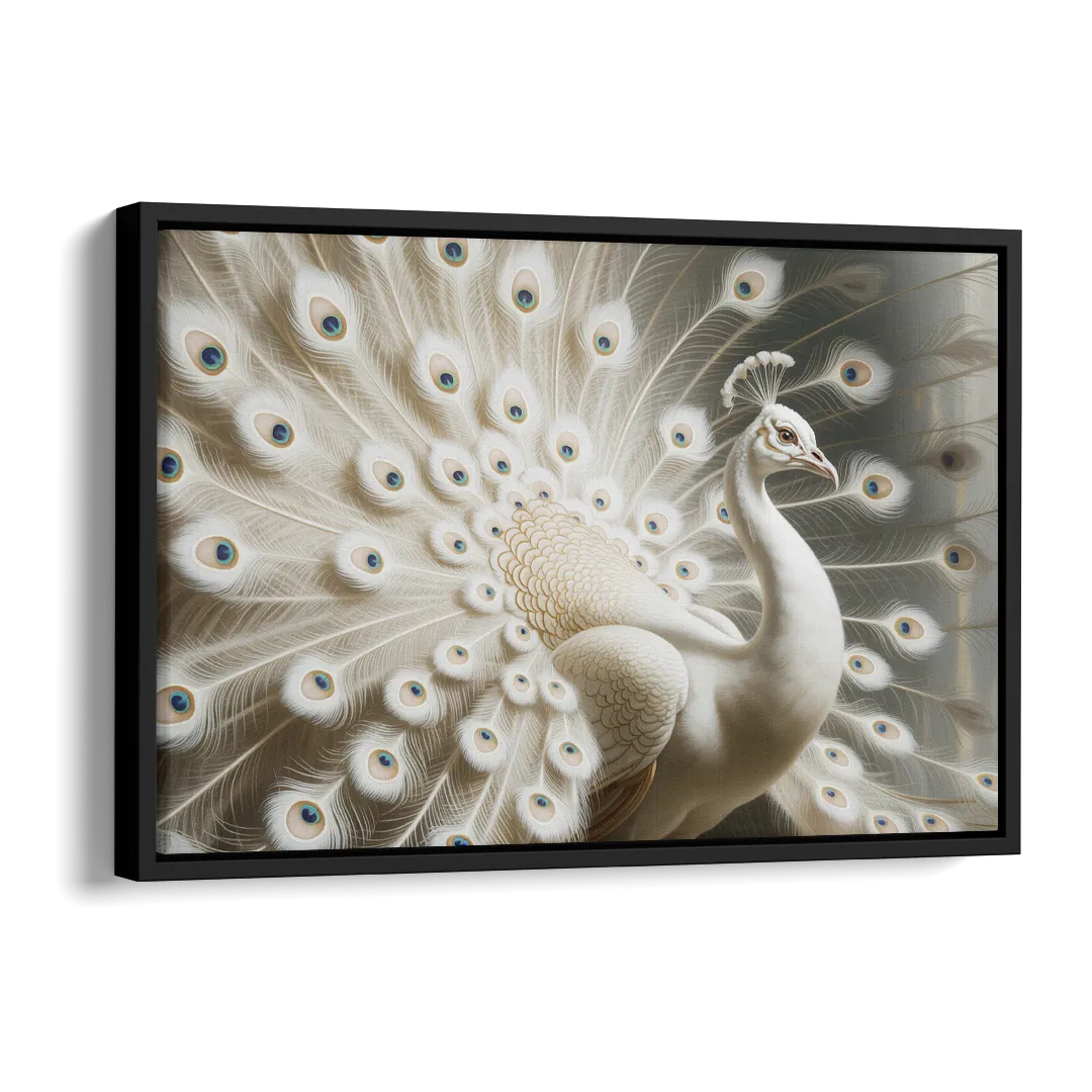 Majestic Peacock in White and Gold Side - Black Canvas Wall Art