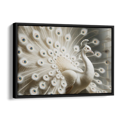 Majestic Peacock in White and Gold Side - Black Canvas Wall Art