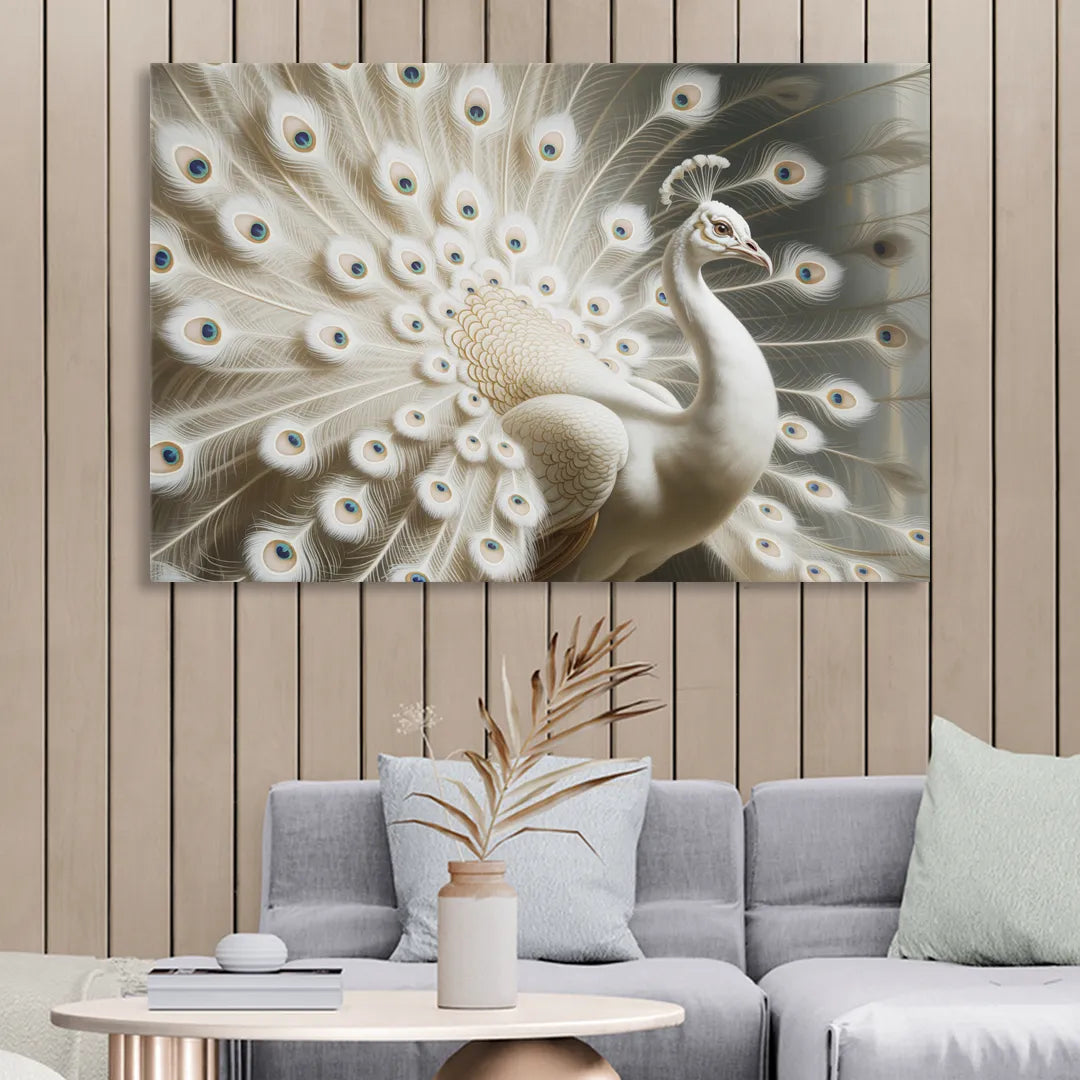 Majestic Peacock in White and Gold Sitting Room - Canvas Wall Art