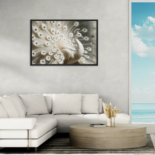 Majestic Peacock in White and Gold - Living Room Black Frame Canvas