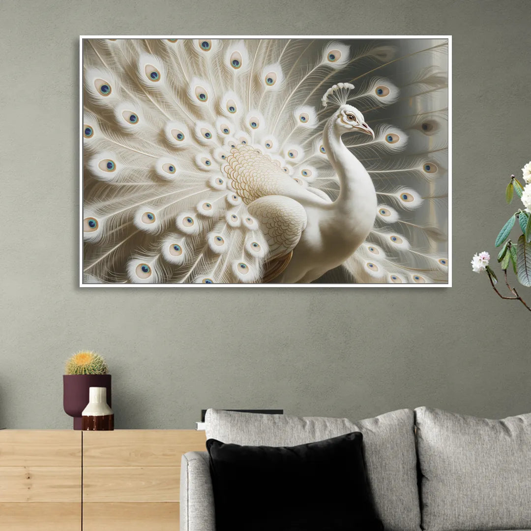 Majestic Peacock in White and Gold Living Room - White Canvas Wall Art