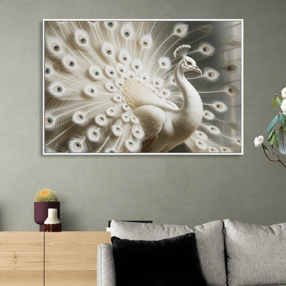 Majestic Peacock in White and Gold Living Room - White Canvas Wall Art