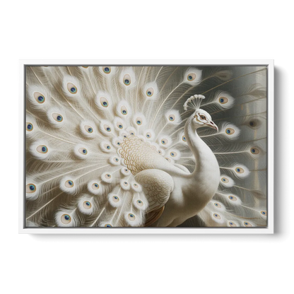 Majestic Peacock in White and Gold - White Frame Canvas