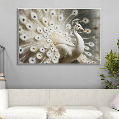 Majestic Peacock in White and Gold Sitting Room - White Canvas Wall Art