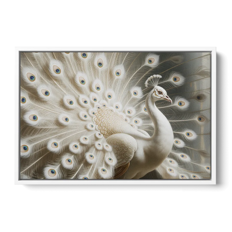 Majestic Peacock in White and Gold Front - White Canvas Wall Art