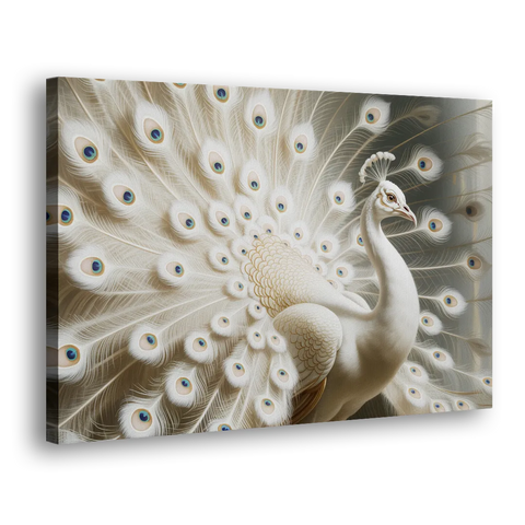 Majestic Peacock in White and Gold - Canvas Wall Art