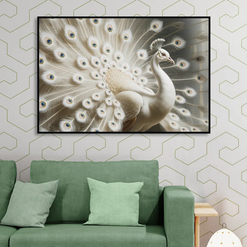 Majestic Peacock in White and Gold Living Room - Black Canvas Wall Art