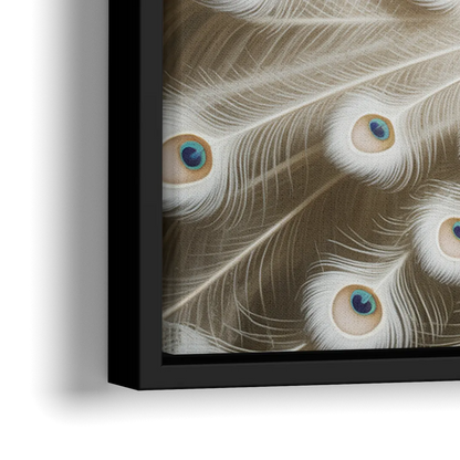 Majestic Peacock in White and Gold - Close-Up Black Frame Canvas