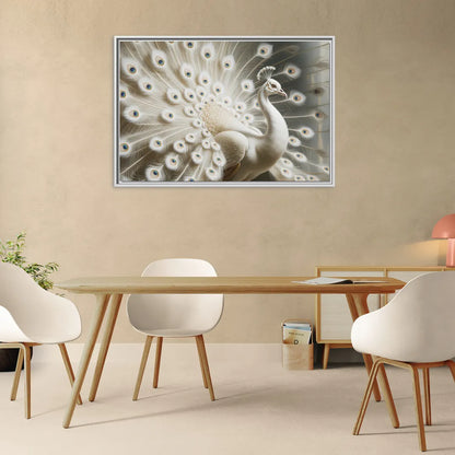 Majestic Peacock in White and Gold - Living Room White Frame Canvas