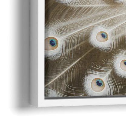 Majestic Peacock in White and Gold - Close-Up White Frame Canvas