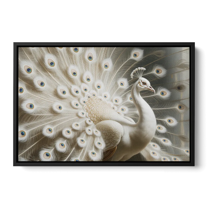 Majestic Peacock in White and Gold - Black Frame Canvas