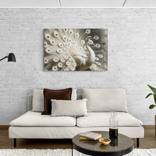 Majestic Peacock in White and Gold - Canvas Wall Art Living Room