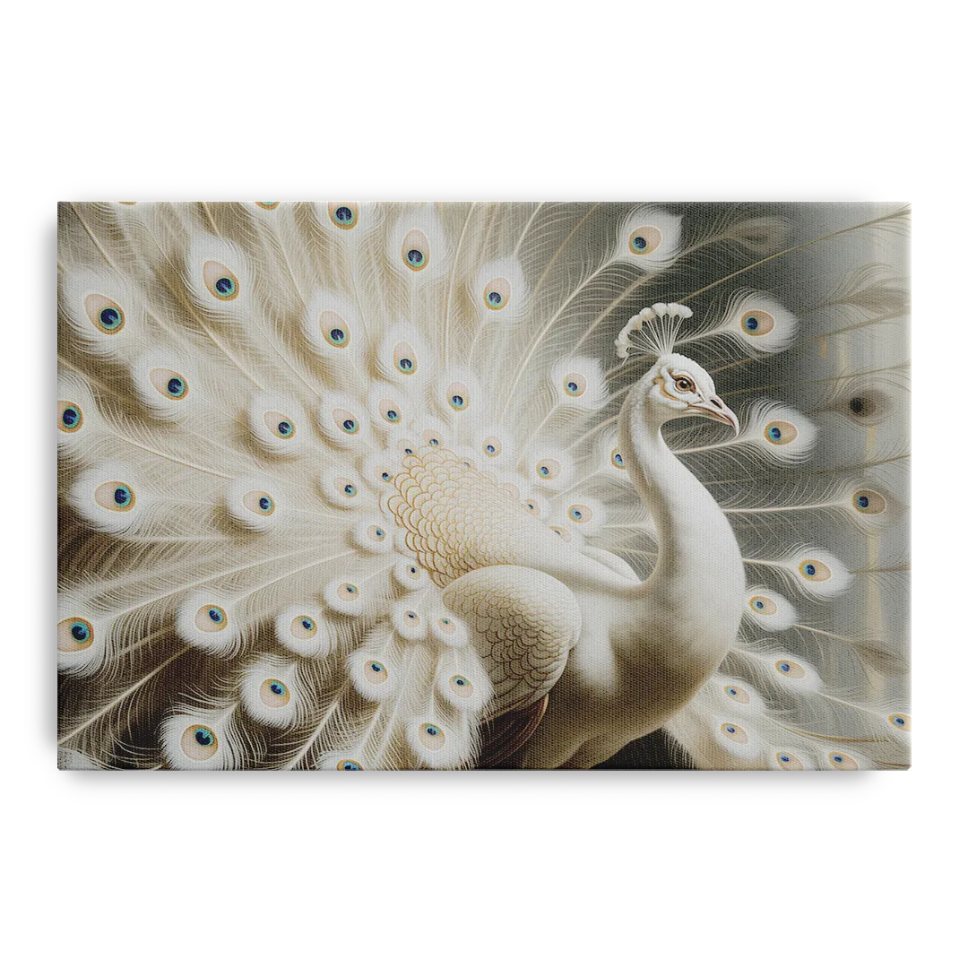 Majestic Peacock in White and Gold Front - Canvas Wall Art