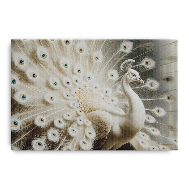 Majestic Peacock in White and Gold Front - Canvas Wall Art