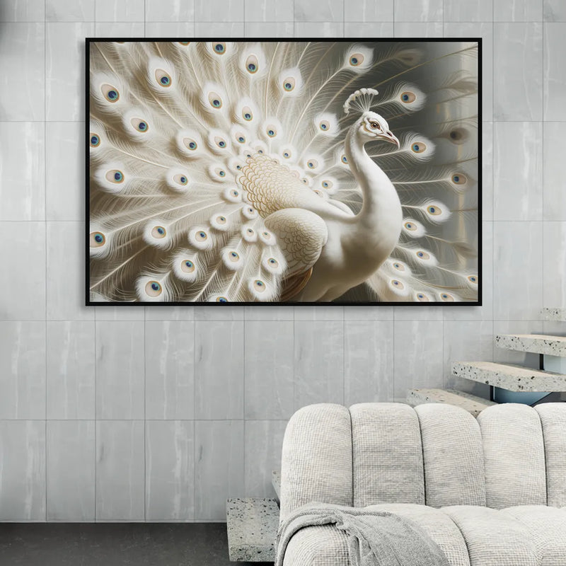 Majestic Peacock in White and Gold Sitting Room - Black Canvas Wall Art