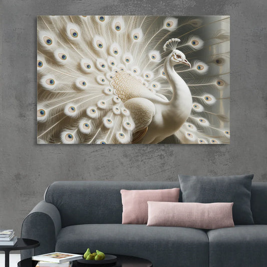 Majestic Peacock in White and Gold Living Room - Canvas Wall Art