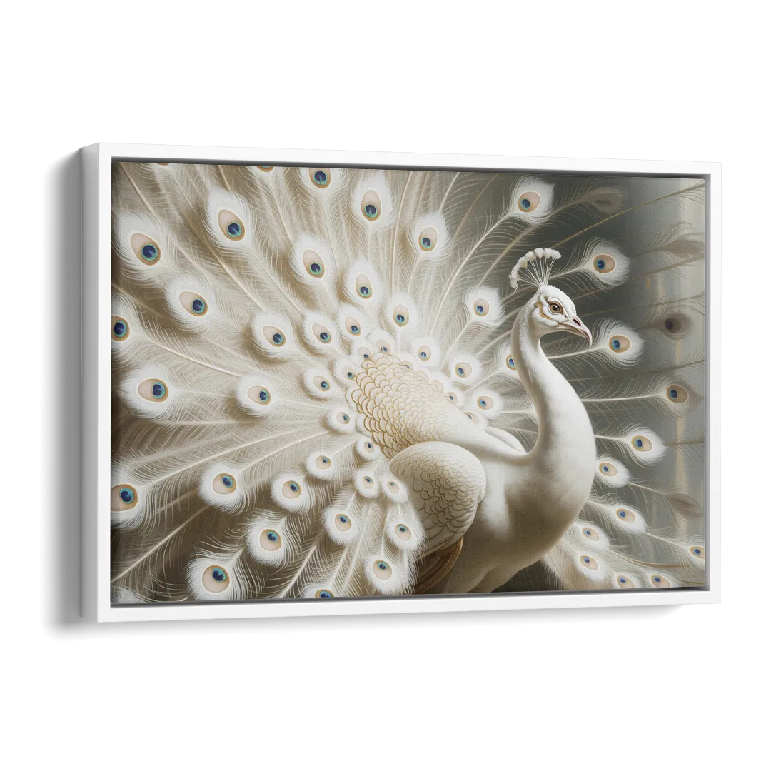 Majestic Peacock in White and Gold Side - White Canvas Wall Art
