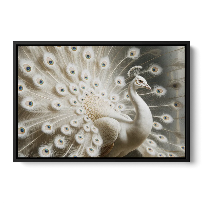 Majestic Peacock in White and Gold Front - Black Canvas Wall Art