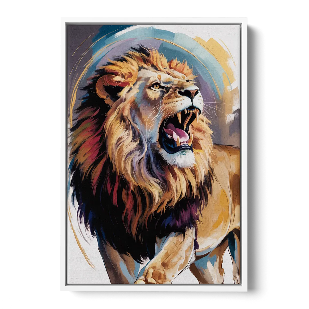 Majestic Roaring Lion - White Frame Canvas