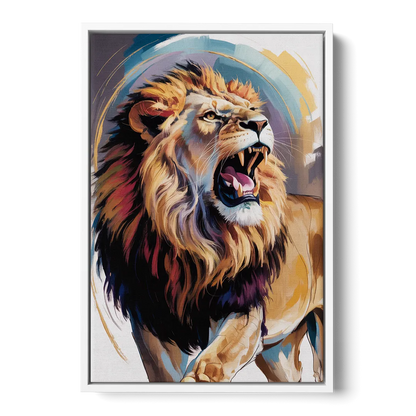Majestic Roaring Lion - White Frame Canvas