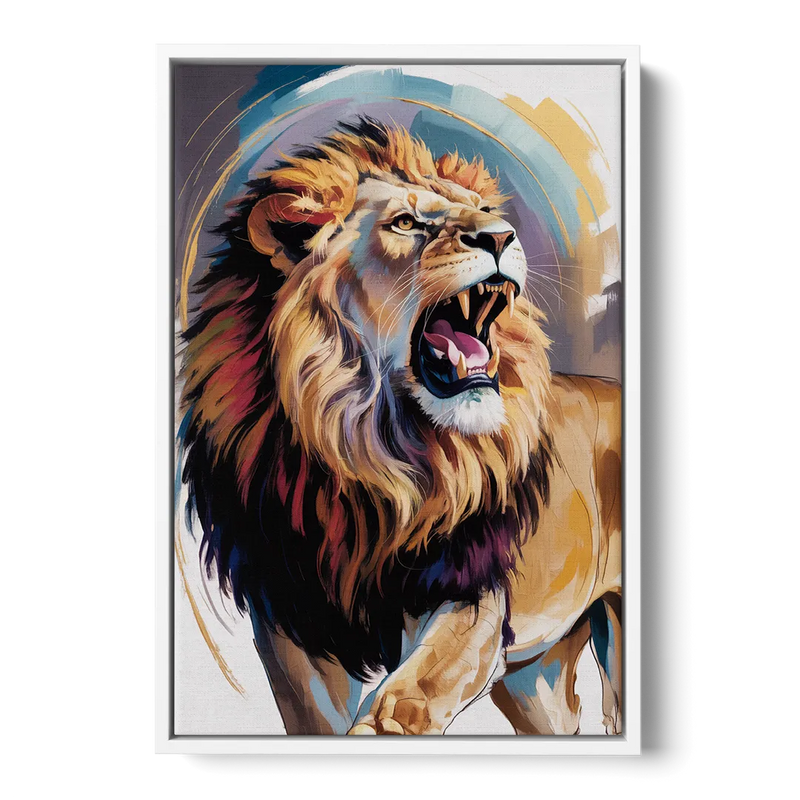 Majestic Roaring Lion Front - White Canvas Wall Art