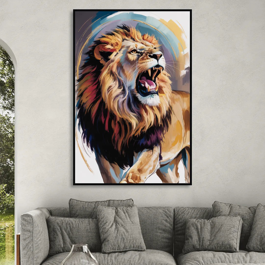 Majestic Roaring Lion Living Room - Black Canvas Wall Art