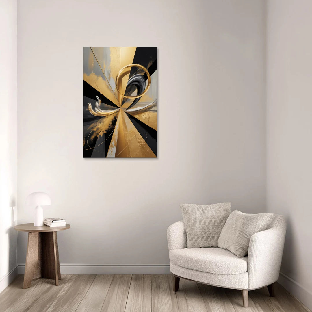 Majestic Symmetry Black and Gold Abstract - Canvas Wall Art - Sofa - 24x36