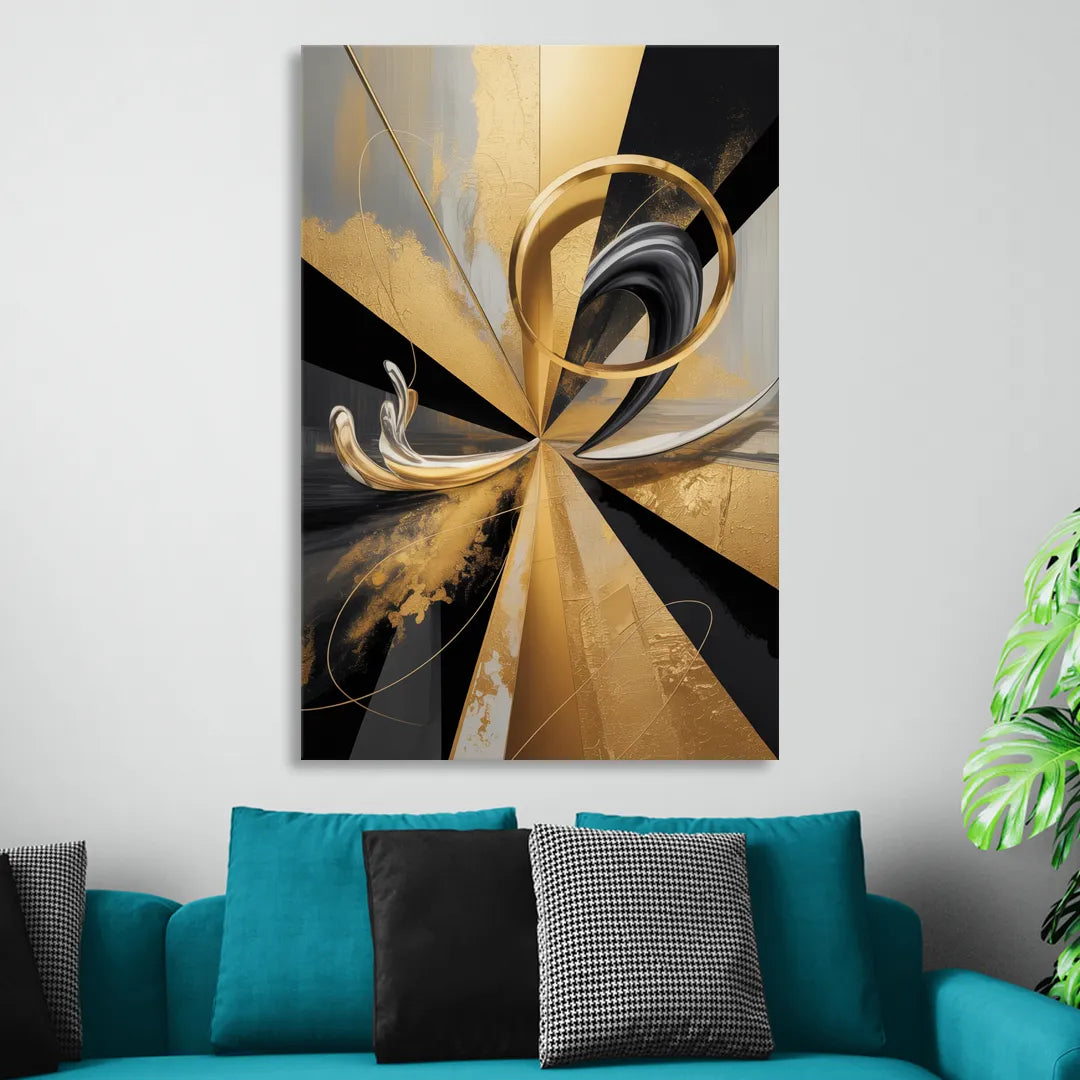 Majestic Symmetry Black and Gold Abstract Living Room - Canvas Wall Art