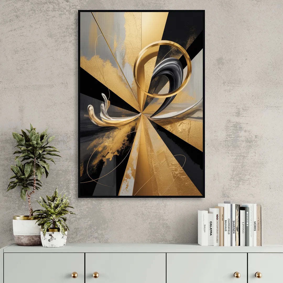 Majestic Symmetry Black and Gold Abstract Living Room - Black Canvas Wall Art