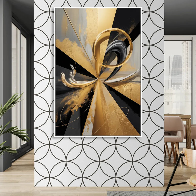 Majestic Symmetry Black and Gold Abstract Sitting Room - White Canvas Wall Art