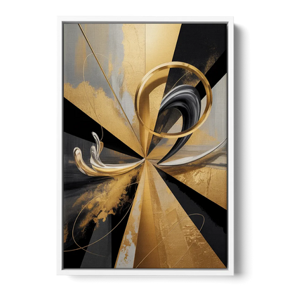 Majestic Symmetry Black and Gold Abstract - White Frame Canvas