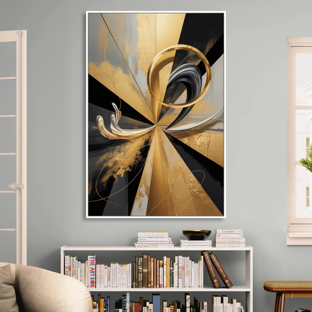 Majestic Symmetry Black and Gold Abstract Living Room - White Canvas Wall Art