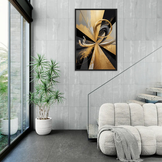 Majestic Symmetry Black and Gold Abstract - Living Room Black Frame Canvas