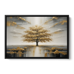 Majestic Tree Serenity White and Gold - Black Framed Canvas Wall Art - Front