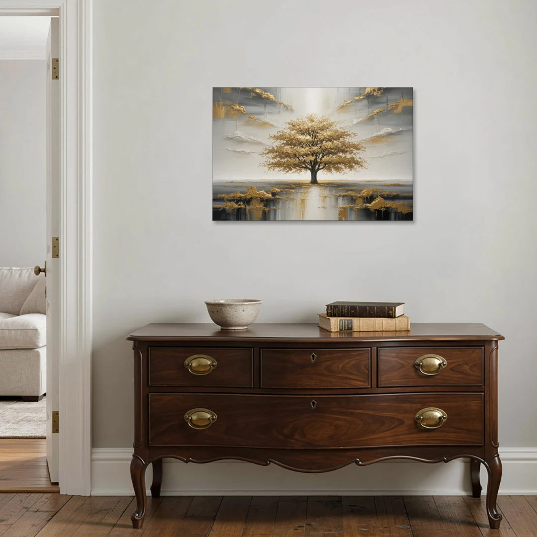 Majestic Tree Serenity White and Gold - Canvas Wall Art - Coffee Table - 36x24