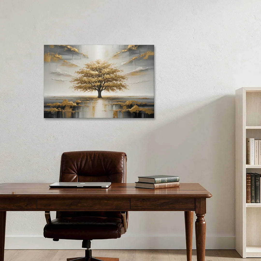 Majestic Tree Serenity White and Gold - Canvas Wall Art - Office - 36x24