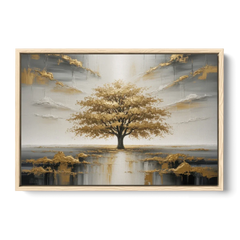 Majestic Tree Serenity White and Gold - Oak Framed Canvas Wall Art - Front