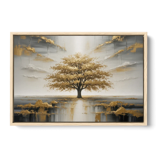 Majestic Tree Serenity White and Gold - Oak Framed Canvas Wall Art - Front