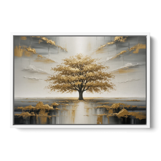 Majestic Tree Serenity White and Gold - White Framed Canvas Wall Art - Front