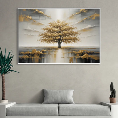 Majestic Tree Serenity White and Gold Sitting Room - White Canvas Wall Art