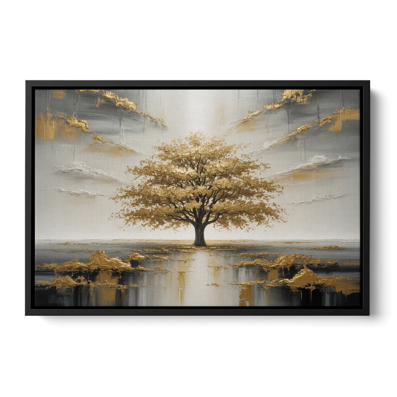Majestic Tree Serenity White and Gold Front - Black Canvas Wall Art