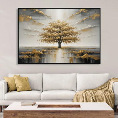 Majestic Tree Serenity White and Gold Sitting Room - Black Canvas Wall Art