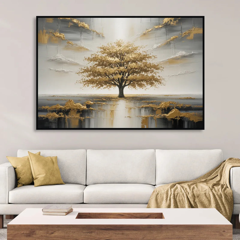 Majestic Tree Serenity White and Gold Sitting Room - Black Canvas Wall Art