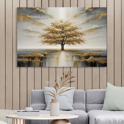 Majestic Tree Serenity White and Gold Living Room - Canvas Wall Art
