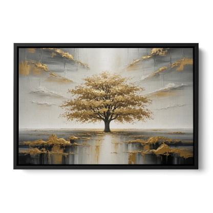 Majestic Tree Serenity White and Gold - Black Frame Canvas